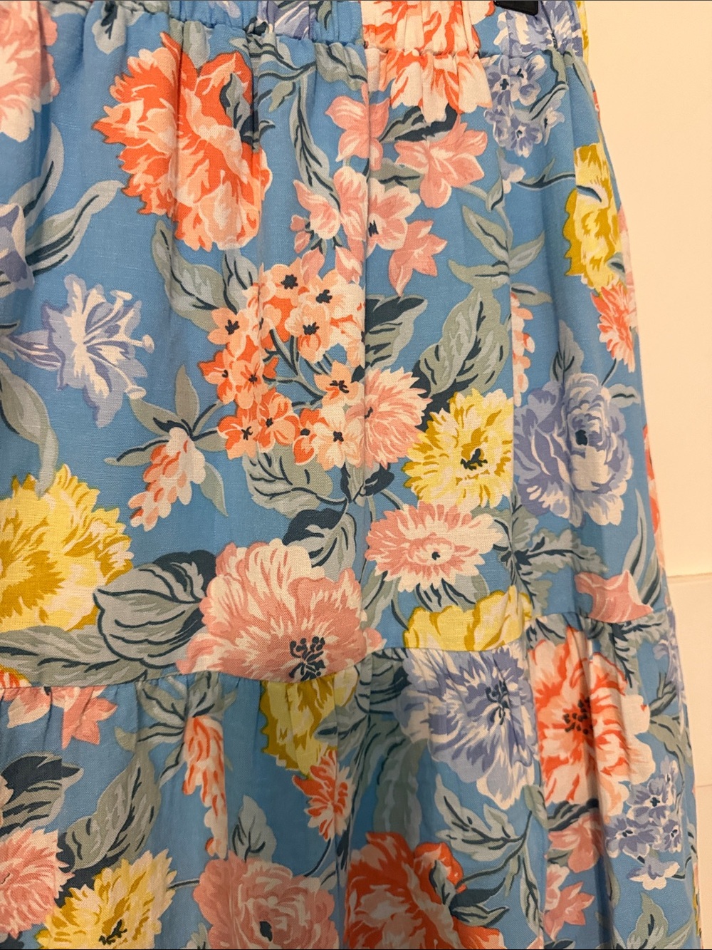 LOFT Linen and Cotton Blend Cottagecore Blue Floral Tiered Boho Maxi Skirt - Picture 7 of 10